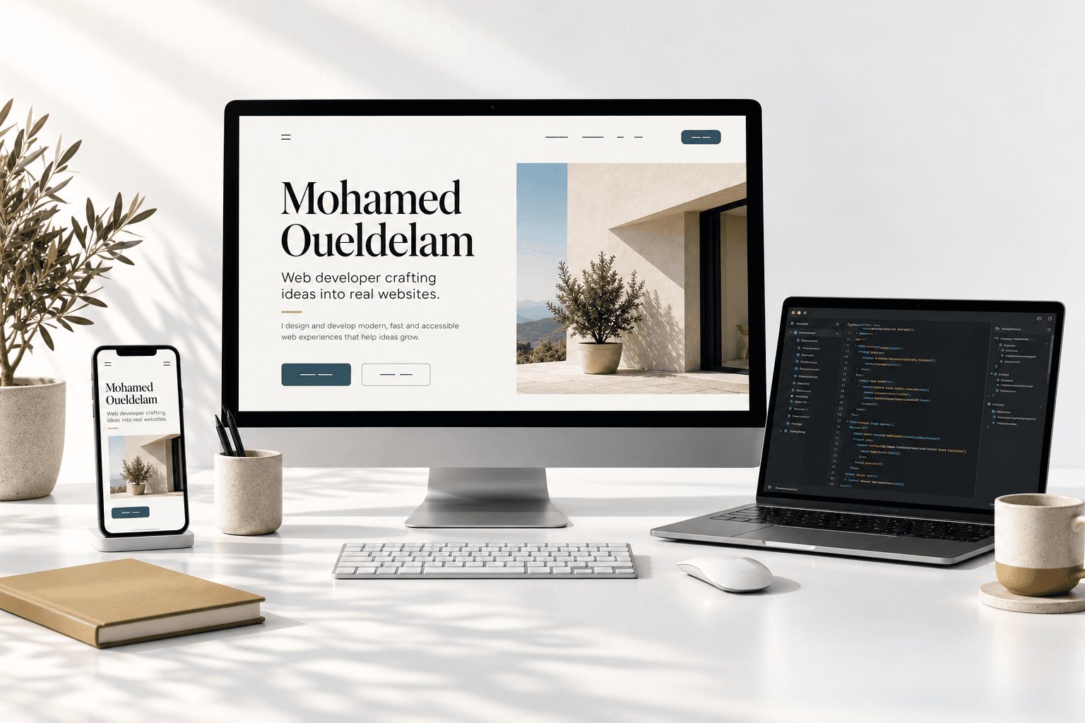 Illustration de création web : site sur ordinateur et mobile, avec un éditeur de code sur un ordinateur portable.